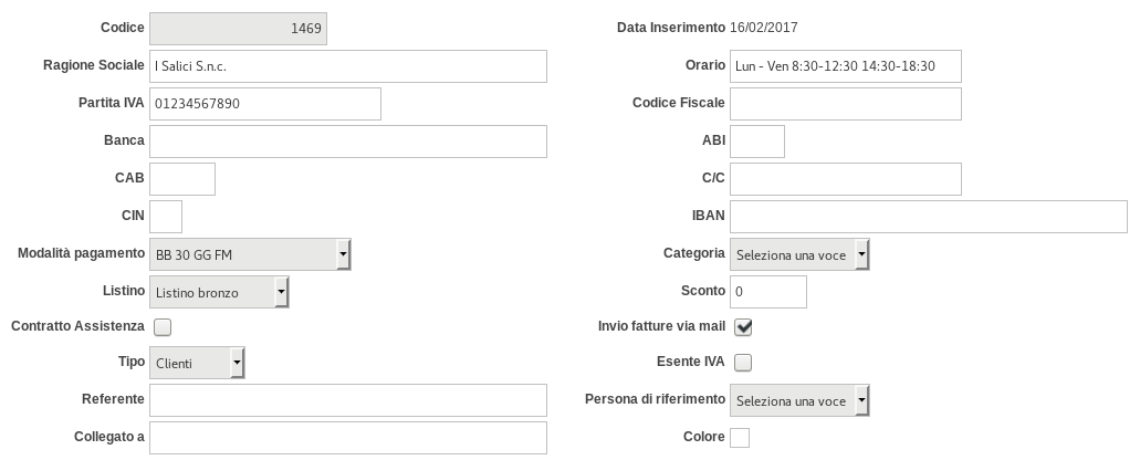 Impostazioni anagrafica