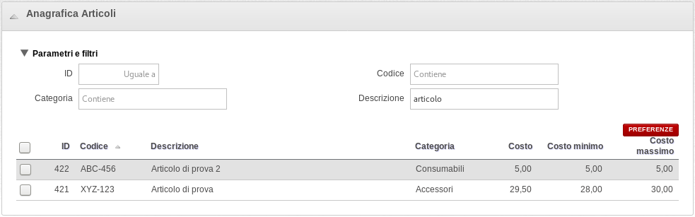 Anagrafica articoli