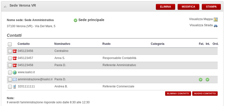 Sedi e contatti dell'anagrafica